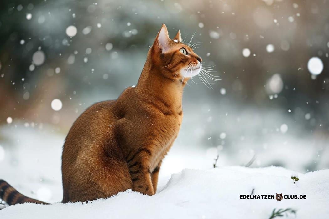Abessinierkatze im Schnee