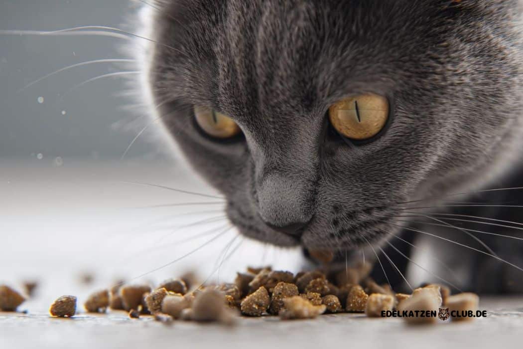 Kartäuser-Katze frisst Trockenfutter