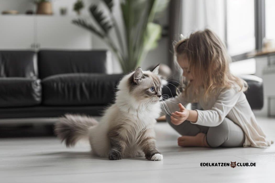 Eine Ragdoll Katze die mit einem Kind spielt