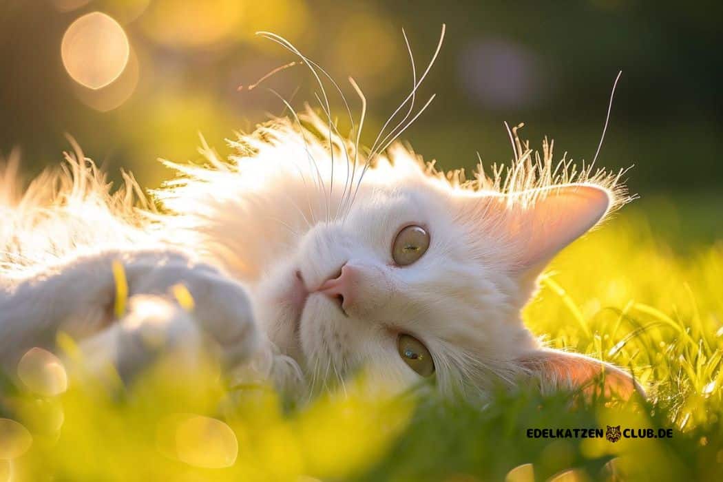 Türkisch Angora im Garten liegend